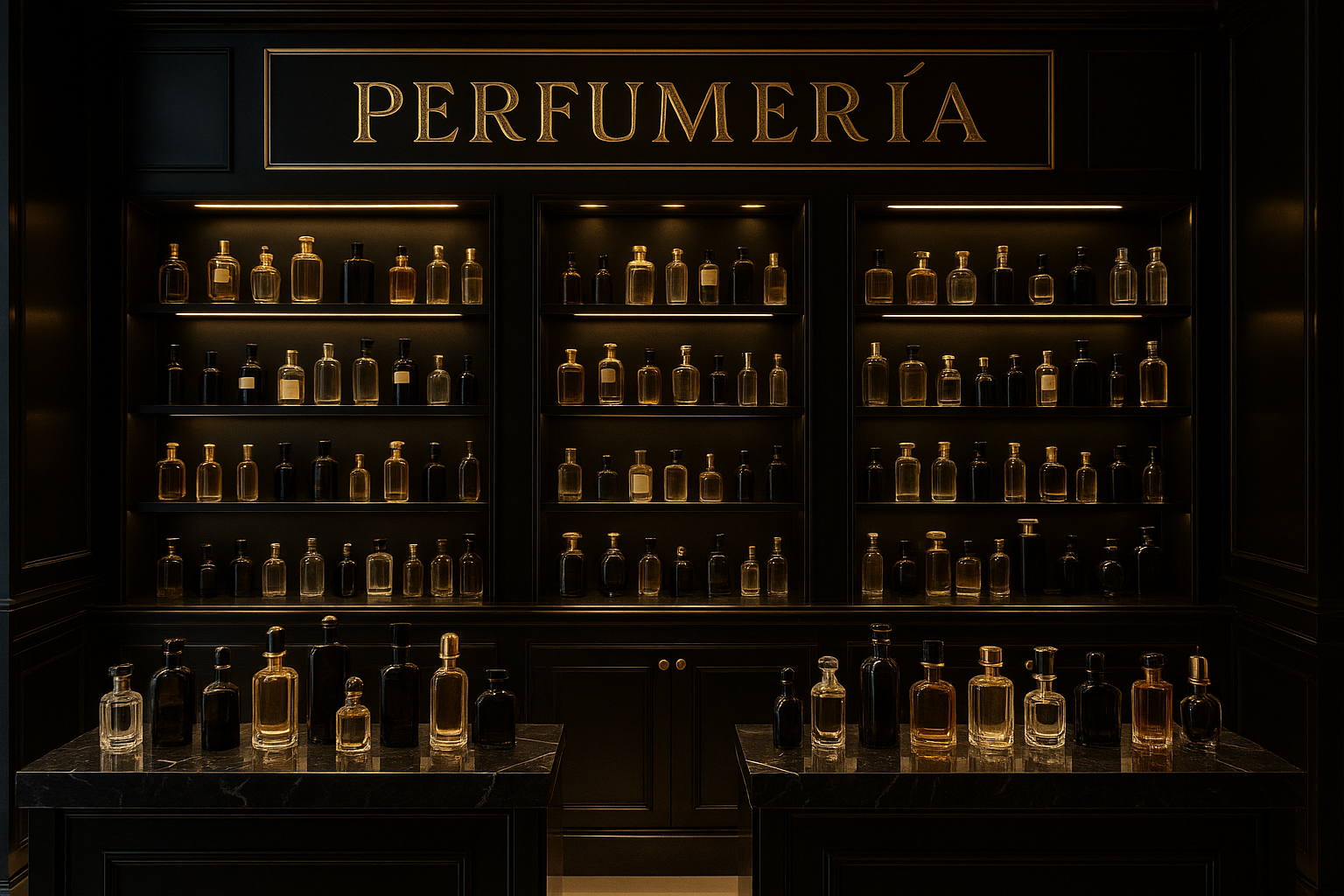 imagen de perfumeria con fondo negro y letras doradas